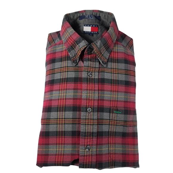 Tommy Hilfiger Red Gray Yellow Plaid Brushed Flannel Vintage Shirt Men's Medium - Picture 3 of 4